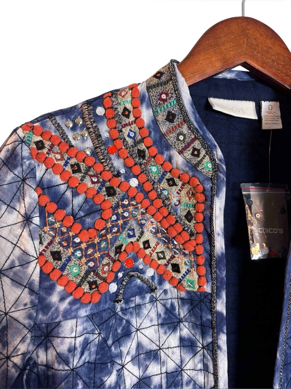 NEW Chico's Artisan Embellished Blue Tie Dye Quilted Jacket Small 4 Artsy Boho - Picture 6 of 16